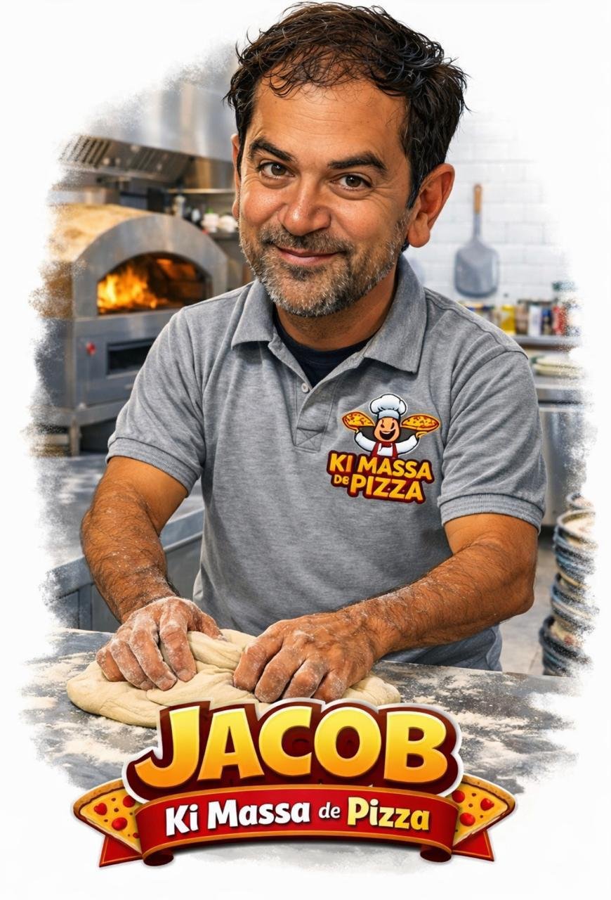Jacob — fundador da Ki Massa de Pizza, trabalhando a massa artesanal em Brasília